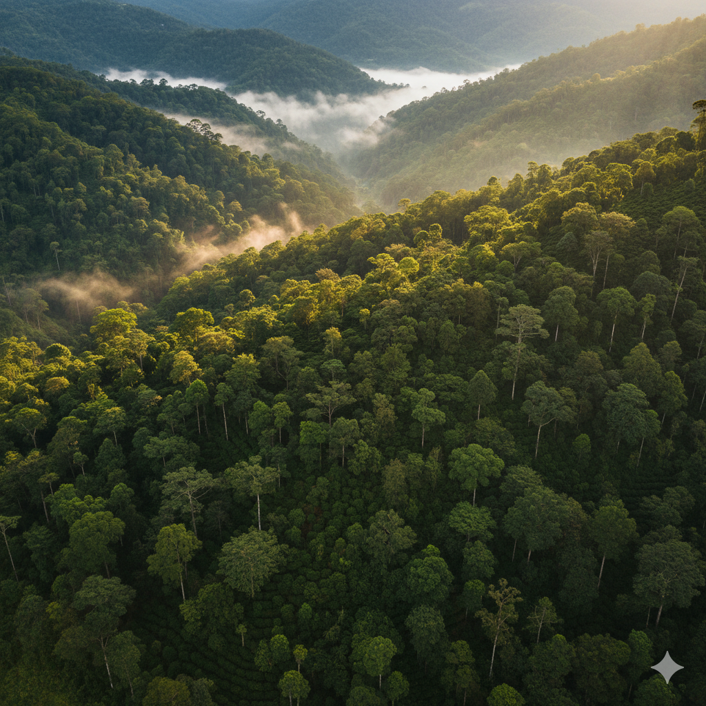 Dense shade-grown coffee plantation in Palestina, Caldas, Colombia